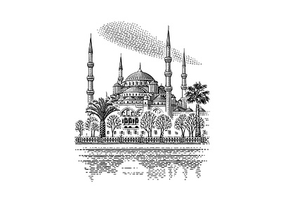 Istanbul black and white city classical engraving etching illustration istanbul linocut retro vintage woodcut