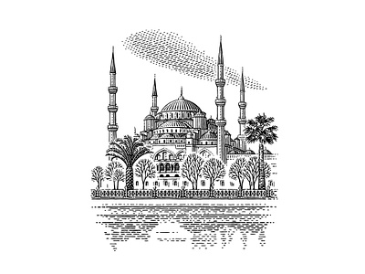 Istanbul black and white city classical engraving etching illustration istanbul linocut retro vintage woodcut