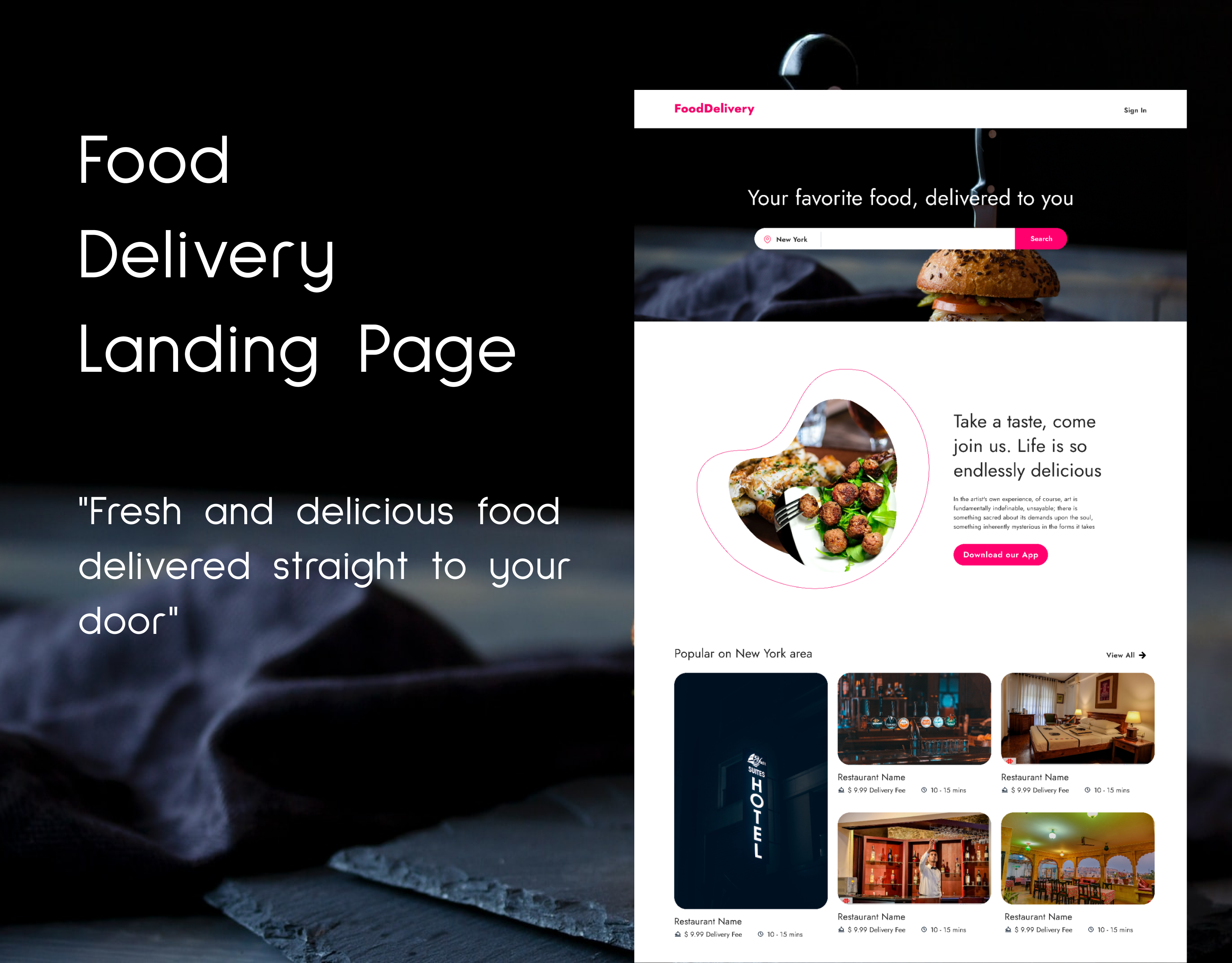 Food Delivery Landing Page Design branding food graphic design logo typography ui