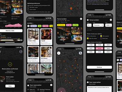 Restaurant Map – Mobile App app booking checkbox city dark dark mode design map mobile place places reservation restaurant ui ux