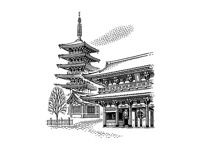 Tokyo black and white city classical engraving etching illustration japan linocut retro tokyo vintage woodcut