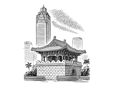 Taibei black and white city classical drawing engraving etching illustration linocut retro scratchboard vintage woodcut