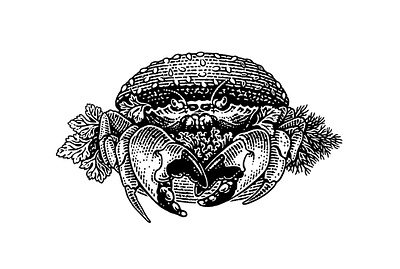 Crab sandwich black and white classical crab engraving etching food illustration linocut retro scratchboard vintage woodcut