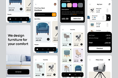 Furniture E-Commerce Mobile App branding design graphic design illustration landing page mobile app product app ui ux