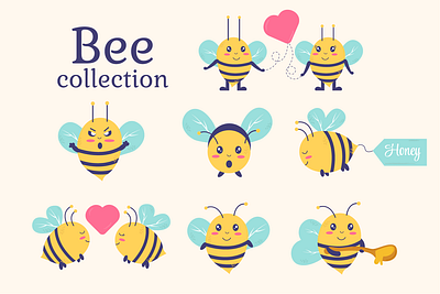 Collection of bees kawaii character animal bee cartoon honey honeybee honeycomb illustration insect nature spring summer vector wing yellow