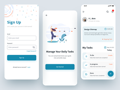 Task Management App android app design app onboarding ui app ui blue branding clean clean ui design illustration ios mobile app design mobile ui productivity sign up ui task app task app ui task management ui ui ux