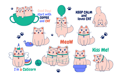 Funny cartoon character cats. Lettering cat. animal cartoon cat character comic emotion fun funny happy kitty pet pose print sad smile vector