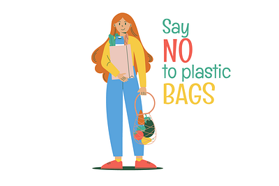 Woman holding an eco bag with food. No plastic bag eco eco friendly ecology environment green grocery illustration no plastic pollution poster recycle save stop vect vector waste woman