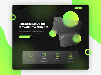 Financial Solutions Company black branding credit card crypto debit card design financial glassmorphism graphic design green pay payment typography ui ux web design