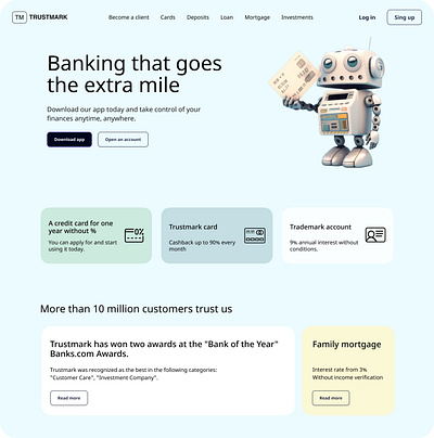 Your money, your way bank banking branding buttons cards minimal robot ui web design website for bank