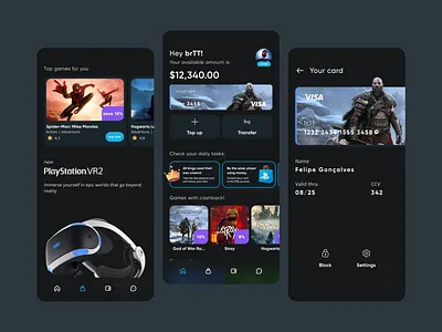 Bank App for gamers app bank card dark theme finance fintech app game gamer gamification mobile app money savings shopping ui videogame wallet