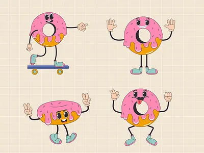 Cartoon character retro donut food 70s. In trendy groovy hippie 60s 70s cartoon character donut food groovy happy hippie label logo peace smile sticker vector vintage