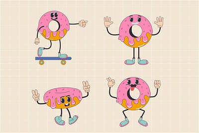 Cartoon character retro donut food 70s. In trendy groovy hippie 60s 70s cartoon character donut food groovy happy hippie label logo peace smile sticker vector vintage
