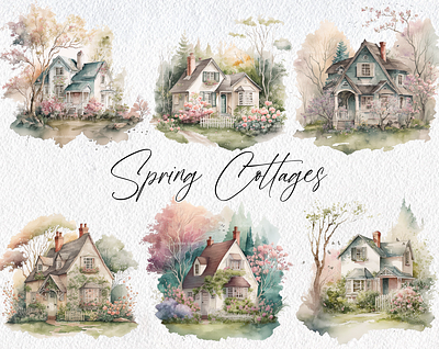 Spring Cottage Digital Clipart Product Example illustration watercolor watercolour