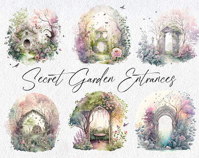 Secret Garden Entrances Digital Clipart Product Example illustration watercolor watercolour