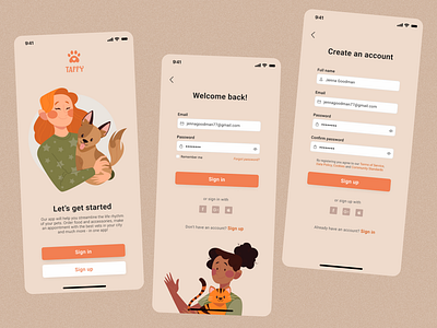 Sign up/in screens for Taffy Mobile App app design illustration log in logo registration sign up ui ux