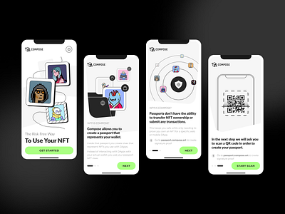 NFT App Onboarding Screens app ui app welcome screen black and white ui interface mobile app mobile onboarding mobile ui mobile user onboarding nft nft app onboarding step by step ui user onboarding ux