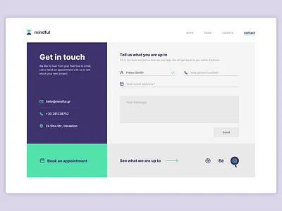 Mindful: Contact Page contact figma form green layout minimal purple studio ui ux webpage
