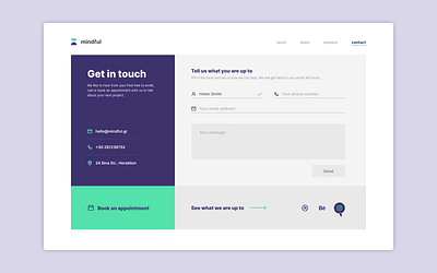 Mindful: Contact Page contact figma form green layout minimal purple studio ui ux webpage