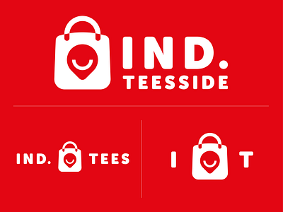 Independent Teesside Logo Variants badge branding geometric happy icon illustration logo map mark negative space pin red roundel save shield shopping smile sticker type vector