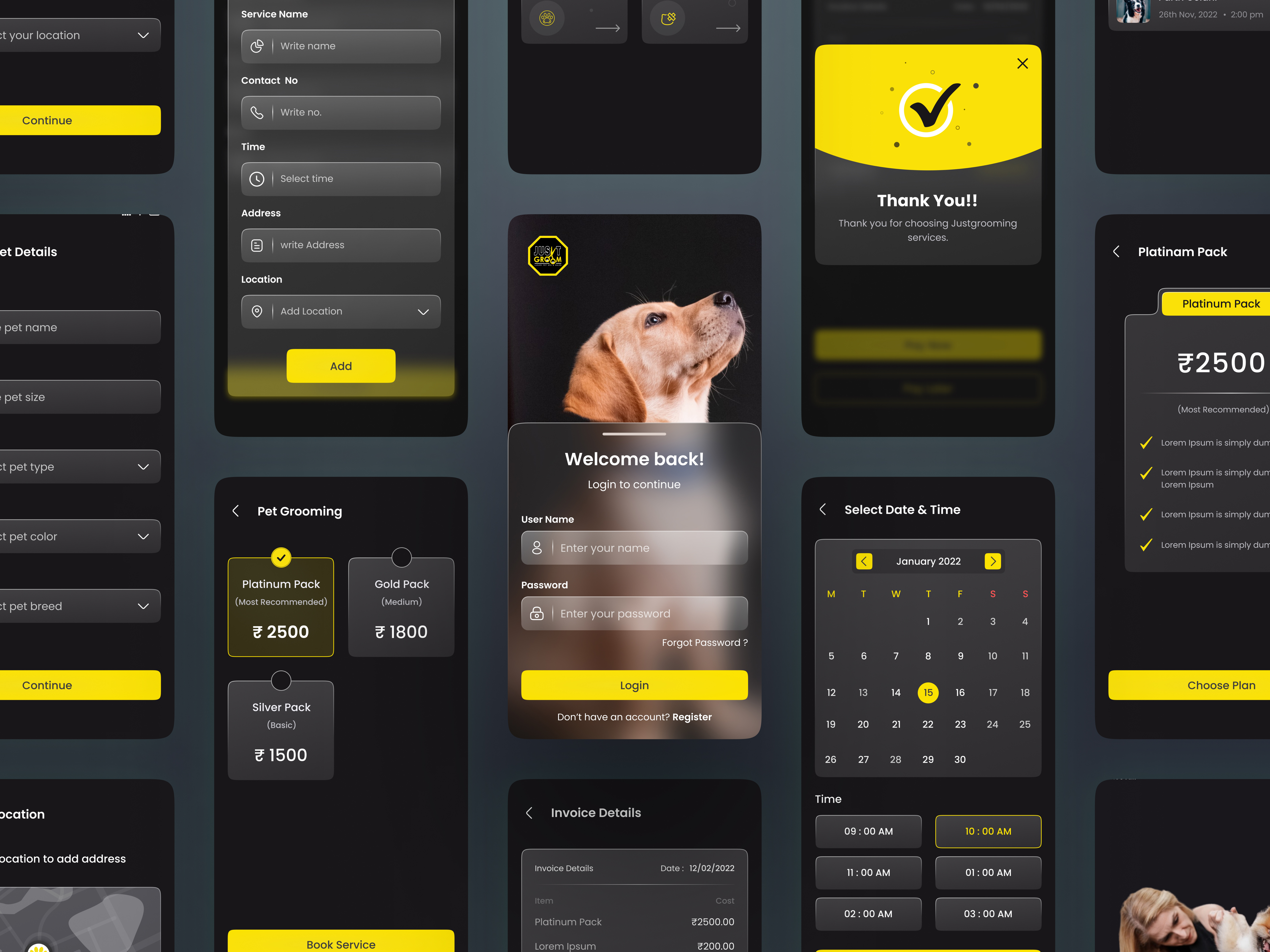 Pet Grooming - Service App app application branding creative ui design dog app food app graphic design grooming illustration login logo mobile app ui pet pet grooming pet service plan service ui vector