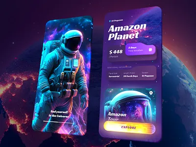 Space Voyages App app application astronaut colors dark graphic design illustration isometrics journey mobile perspective planet screen space spaceship splash travel trip ui violet