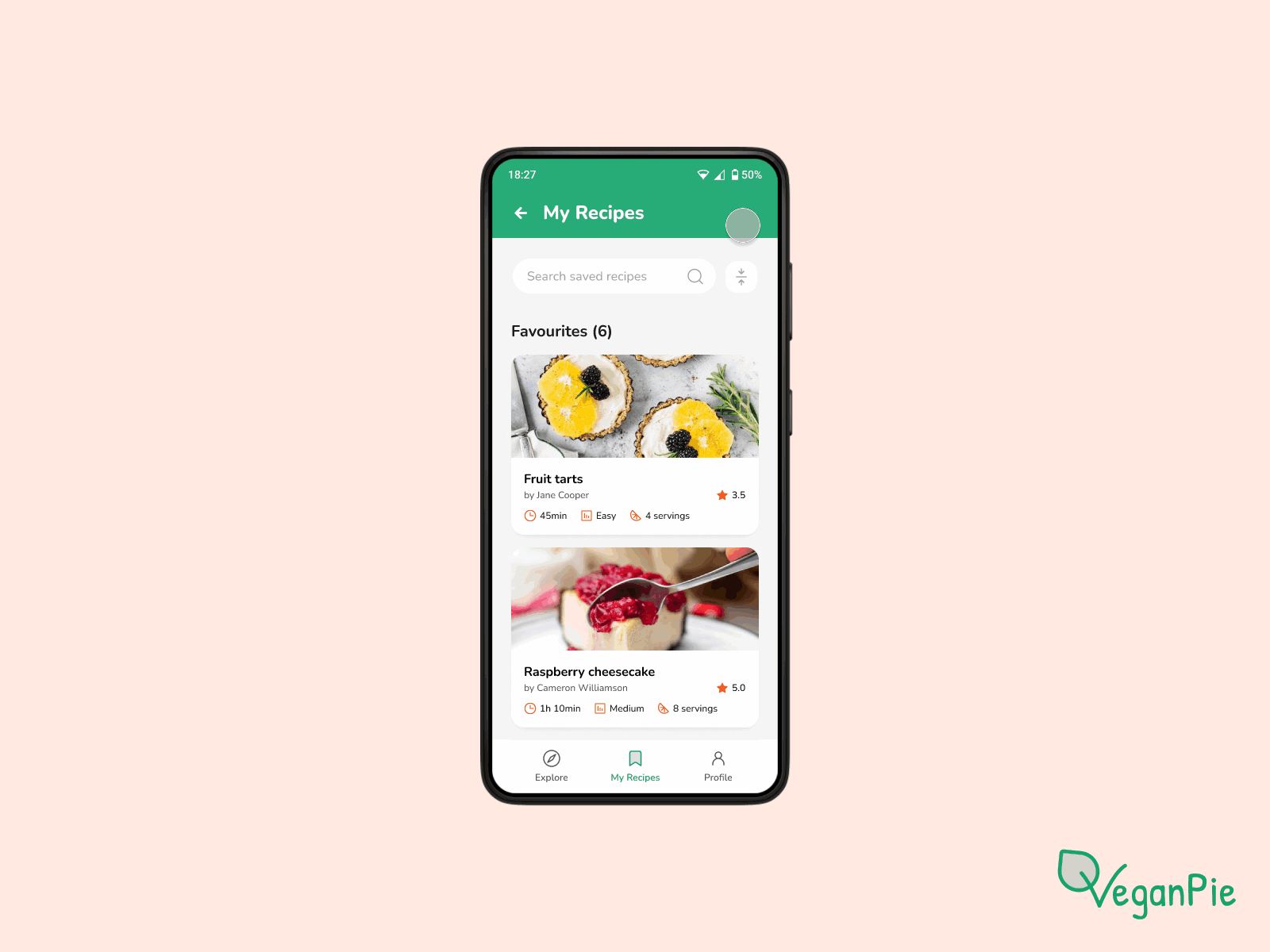 VeganPie | My Recipes management app design ui