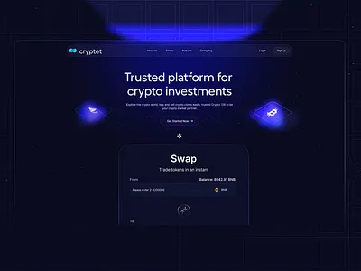 Crypto | Cryptet Landing Page bitcoin blockchain crypto cryptocurrency design ethereum hero design landing landing page nft swap token ui wallet web design website