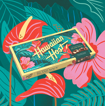 Tropical illustration for Hawaiian Host candy drawing editorial illustration flower illustration hawaiian host illustration jordan kay jungle limited color noise packaging plant illustration texture tropical