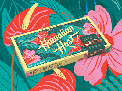Tropical illustration for Hawaiian Host candy drawing editorial illustration flower illustration hawaiian host illustration jordan kay jungle limited color noise packaging plant illustration texture tropical