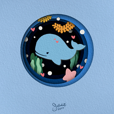 be whale bule digital art paper cut sea under water whale