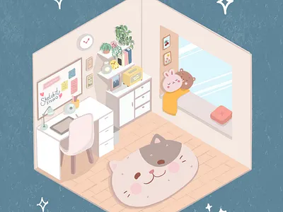 Working room cartoon cat cute isometic perspective room work
