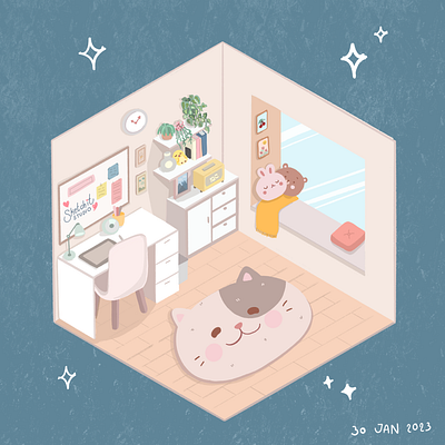 Working room cartoon cat cute isometic perspective room work