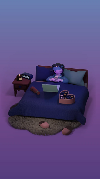 Singles Awareness Day 3d animation bed bedroom blender design illustration magenta motion graphics purple singles sollitude stay at home valentines