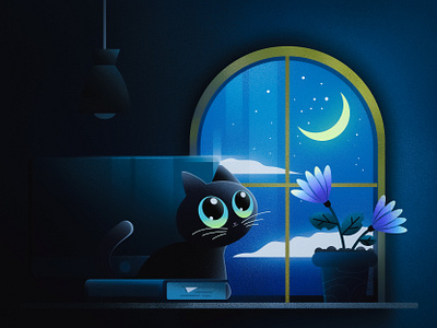 Meow!!! art book cat design flower graphic design home illus illustration lamp moniter moon night vector visual visualdesign