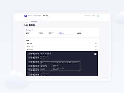 Strapi Cloud ☁️ - Runtime logs accordion badge breadcrumb build cloud cms code collaboration crm design headless cms illustration logs product design runtime status strapi tabs terminal tokens