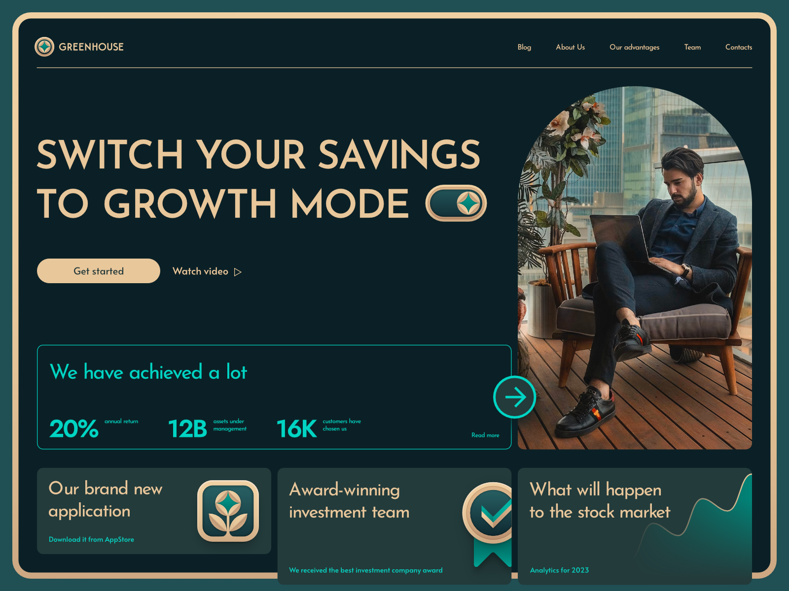 Greenhouse broker investments landing page money saving stock ui ux website