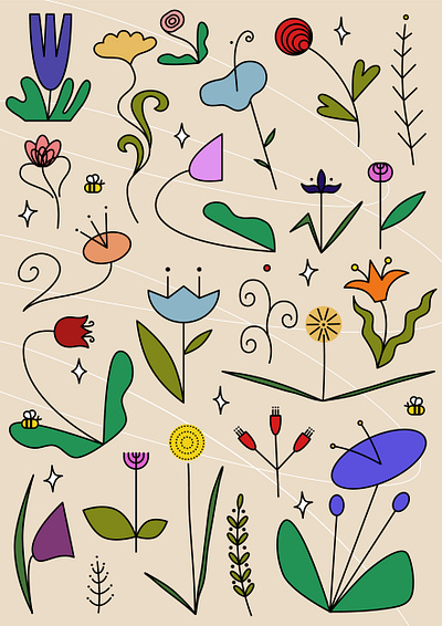 Stylized flowers set floral flowers illustration set vector