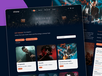 Airpop - Music Events page belgium clean dark design event music night nightlife odoo orange party purple web design website