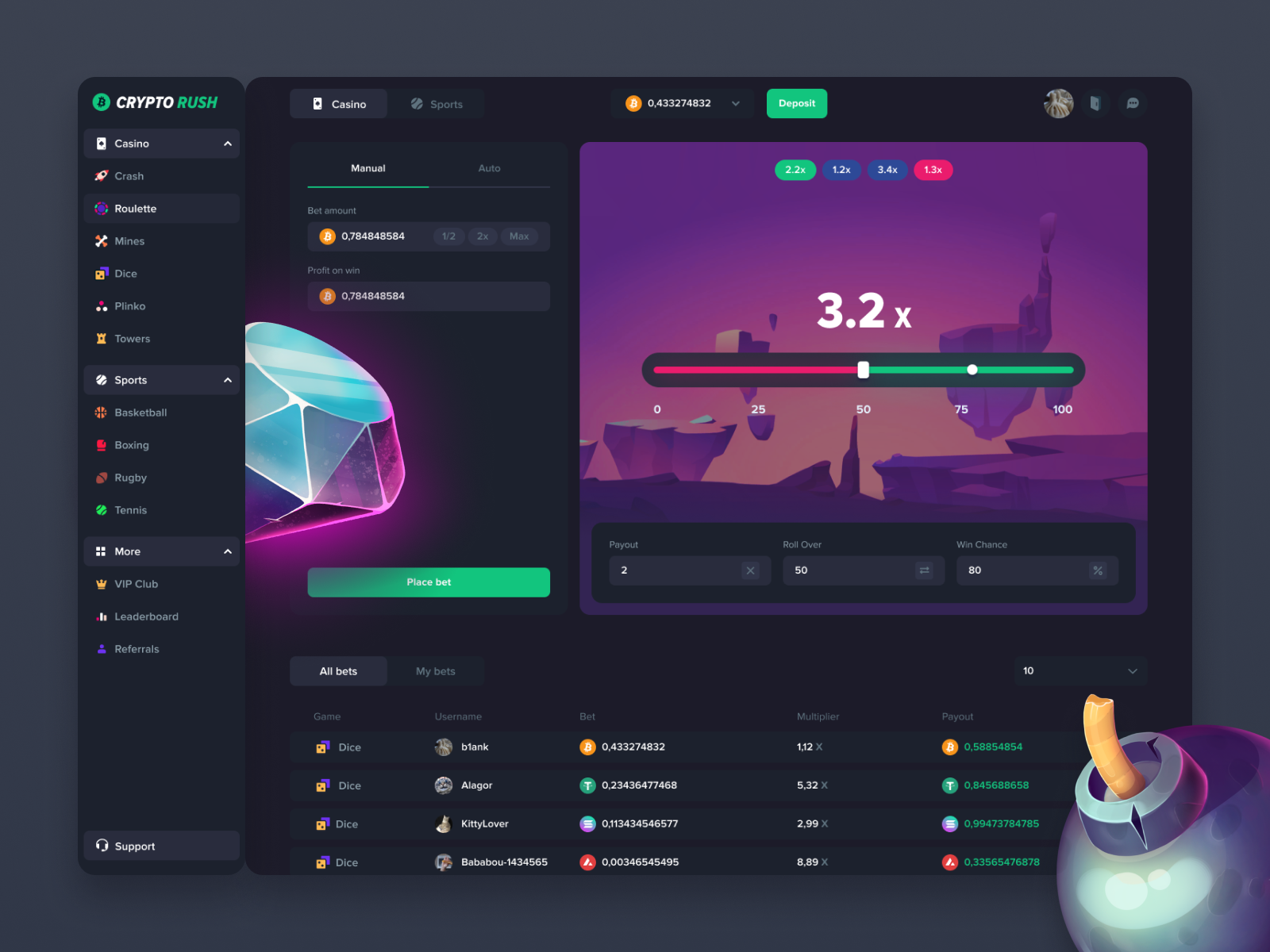 CryptoRush Dice Interface by Romanov for Bang Bang Studio on Dribbble