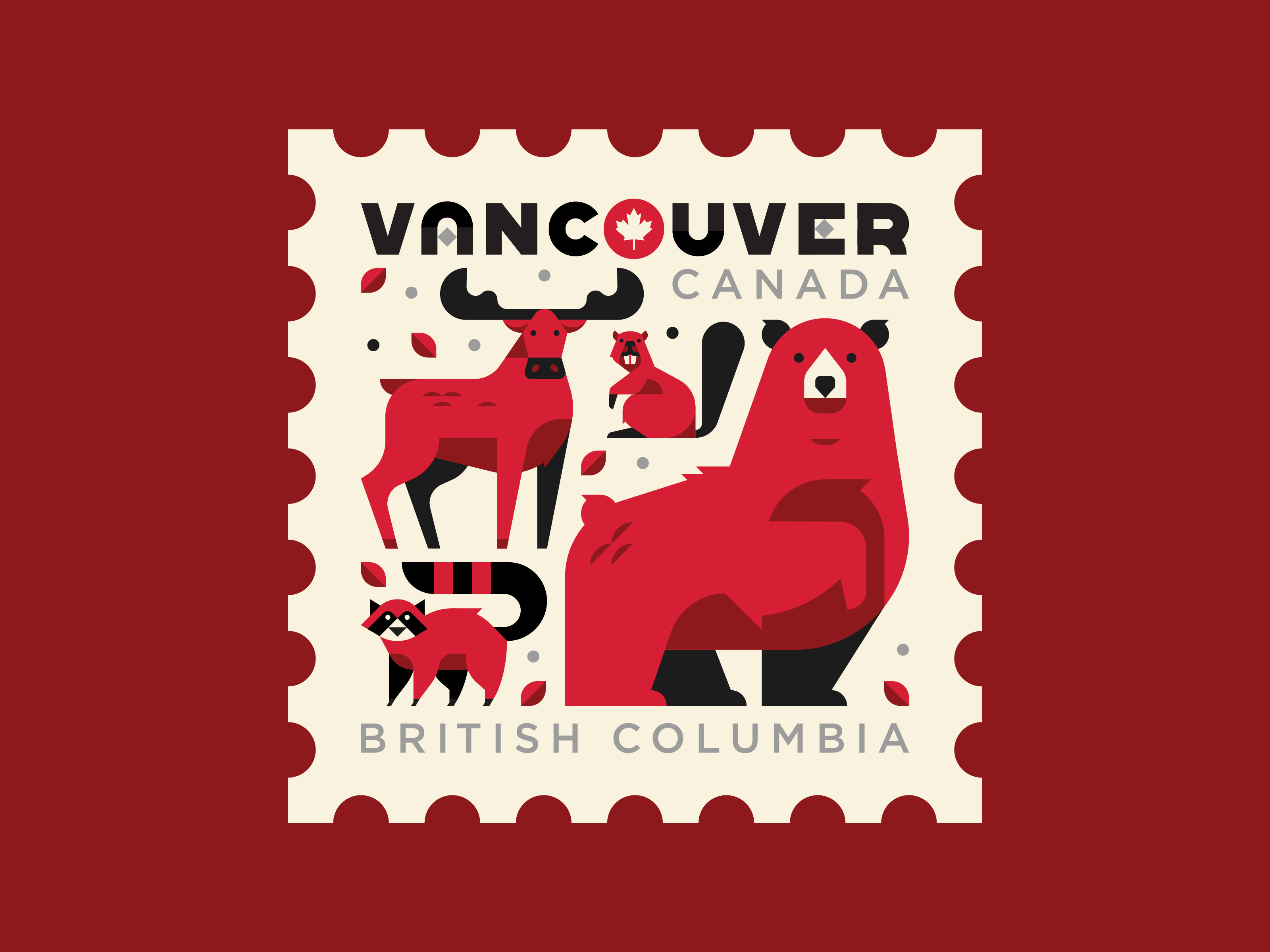 Vancouver Stamp bear beaver canada character design geometric illustration line moose raccoon spot illustration stamp vector