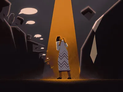 Fear of Speaking Out boss businessman character fear flat illustration light rumor shame speak spotlight suit texture vector voice woman yellow