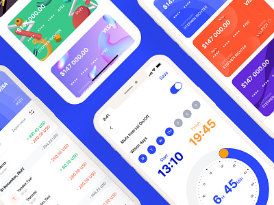 Fintech app design bank card chart credit finance fintech history list remind research switch ui usd ux