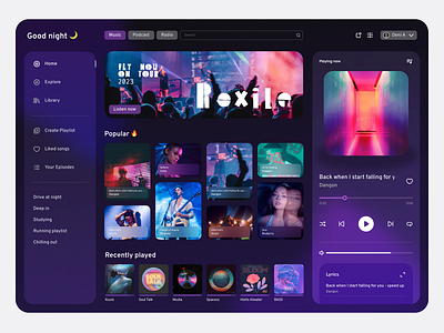 Muxica - Music streaming app (Desktop Version) app artist concert design desktop elegant glassmorphism gradient home music player ui vibrant