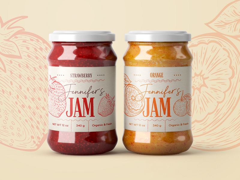 Jam Packaging Design: Strawberry and Orange branding design studio digital art food food brand food packaging fresh fruit graphic design hand drawn illustration illustration art jam jam jar label design orange organic packaging packaging design strawberry