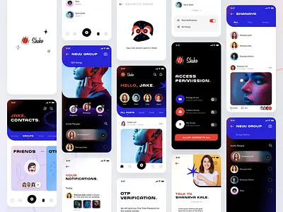 Shako App Screens app application contacts create facebook friends group home illustration message mobile neel notification post prakhar sharma social ui ux whatsapp