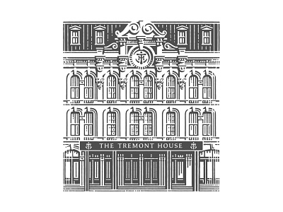 The Tremont House building engraving etching hotel label linocut logo pen and ink scratchboard vector engraving woodcut