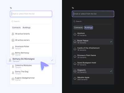 Send it! bulk dark mode dropdown filters input light mode messages multi select search ui ux