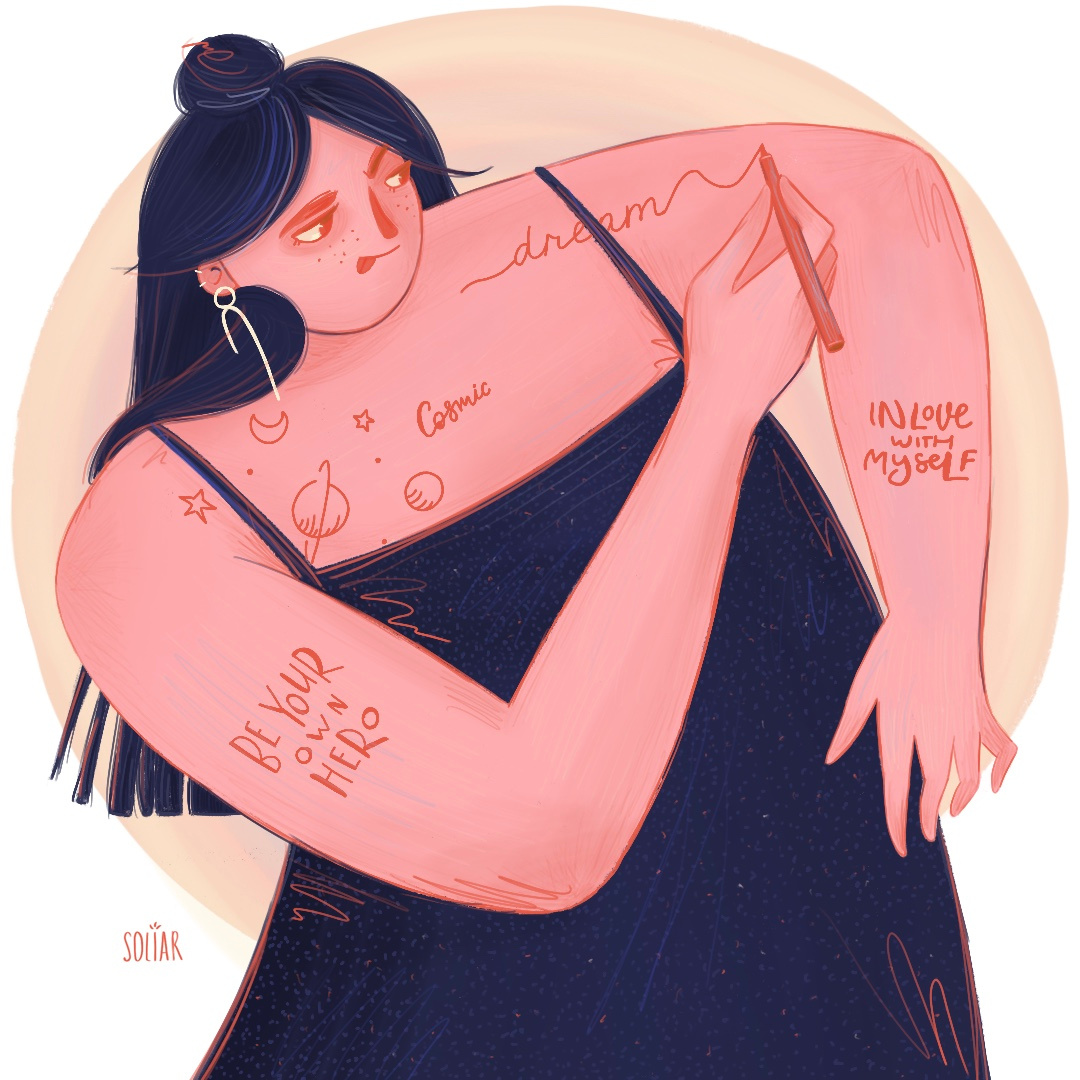 A girl with a tattoo artist artwork beautiful character creative cute digitalart dress fashion fat female figure girl hair illustration overweight painting sketch smile tattoo