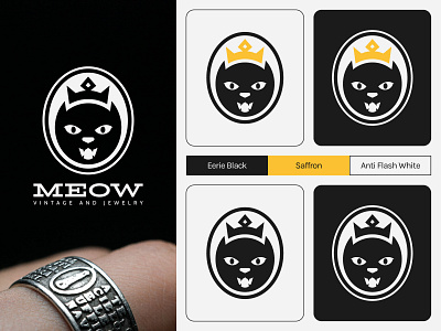 Vintage and Jewelry Logo black brand brand design brand identity branding cat crown jewelry logo logo design ring vintage white yellow